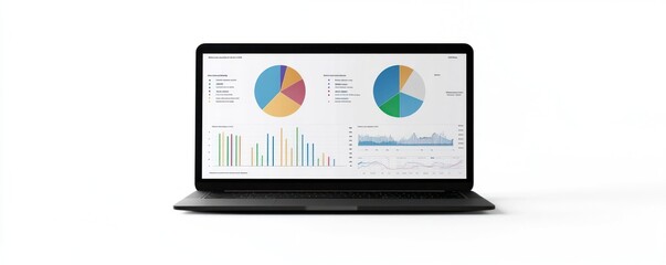 Laptop displays data graphs, charts; white background; business analysis
