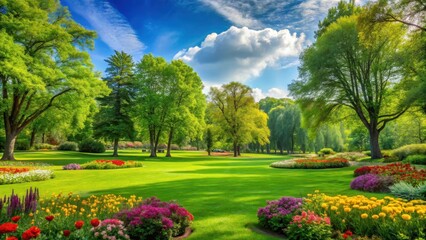 Fototapeta premium A lush green grass field in a public park surrounded by tall trees and vibrant flowers, field