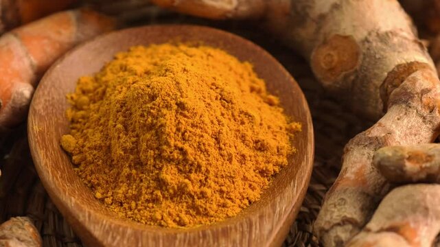 Turmeric powder in a wooden spoon and fresh turmeric
