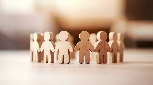 Wooden Figures in a Circle:  A collection of small, interconnected wooden human figures form a circle, symbolizing unity, community, and togetherness.