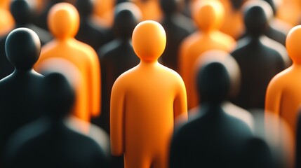 Standing Out From the Crowd: A single orange figure stands out amongst a sea of black figures, a powerful visual representation of individuality, uniqueness, and standing out in the crowd. 