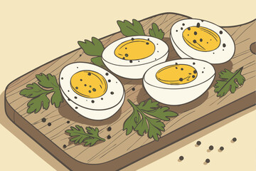 Hard-boiled eggs, wooden cutting board, rustic kitchen, fresh parsley garnish, close-up food photography, soft natural lighting, seasoned with black pepper, vibrant yellow yolks, white egg whites, 