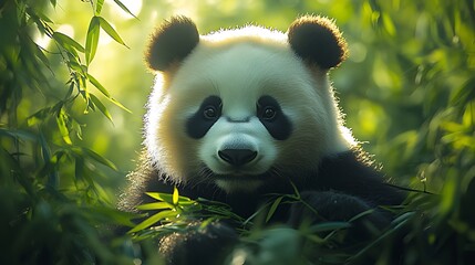 Fototapeta premium Adorable giant panda cub peering through bamboo leaves in sunlight.