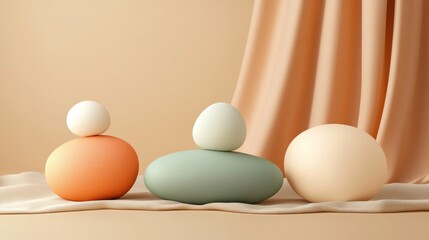 Pastel eggs balanced on stones, beige fabric, backdrop