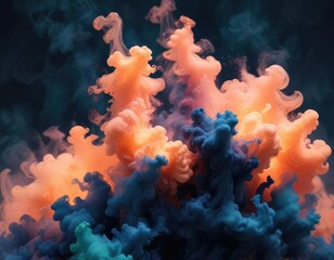 Dark indigo smoke billowing around vibrant peach and mint inks on textured canvas, artistic medium, abstract art