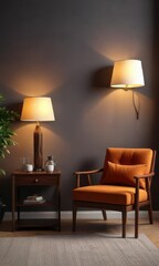Dark wood armchair beside coffee table with table lamp near wall , wooden armchair, home decor