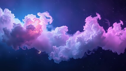 Fototapeta premium Cosmic Dreamscape: Vibrant Night Sky with Crescent Moon and Mysterious Cloud Formations