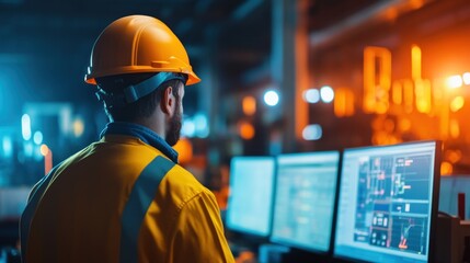 Engineer monitoring factory control screens at night