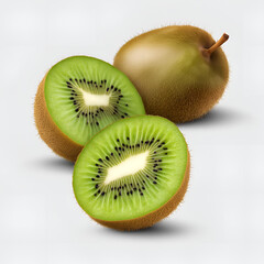 Fototapeta premium A close-up of two kiwi fruits, one whole and one cut in half, revealing the bright green interior with black seeds, showcasing its fresh and vibrant texture.