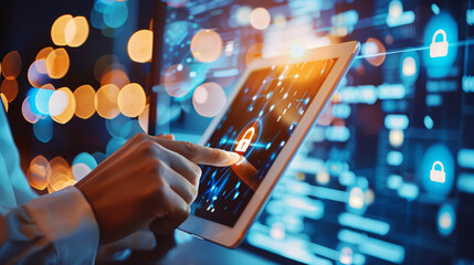 Cybersecurity Guardian: A close-up of a hand holding a tablet, navigating through a digital interface with vibrant blue hues, highlighting padlock icons. The image signifies digital security.