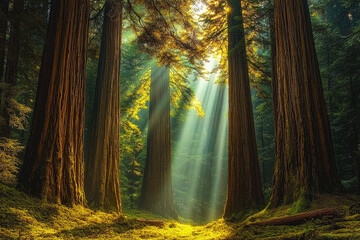 Majestic redwood forest with sunlight streaming through ancient trees and vibrant moss-covered ground