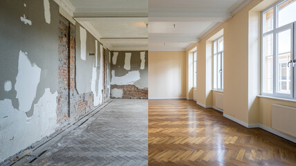 Room Undergoing Renovation with Worn-Out Wall and Exposed Bricks on One Side, Smoothly Plastered Wall on the Other, Aged Wooden Parquet Floor Transitioning to Polished Finish, Bright Natural Light
