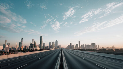Fototapeta premium Modern Cityscape with a Straight Highway Leading Forward, Futuristic Urban Skyline Under a Clear Blue Sky with Scattered Clouds, Serene Atmosphere, Sleek Architecture, and Advanced Infrastructure