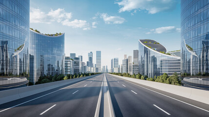 Obraz premium Modern Cityscape with a Straight Highway Leading Forward, Futuristic Urban Skyline Under a Clear Blue Sky with Scattered Clouds, Serene Atmosphere, Sleek Architecture, and Advanced Infrastructure