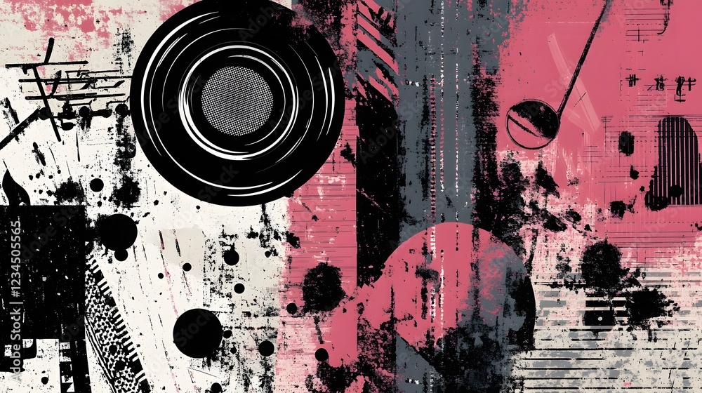 Poster vibrant abstract grunge texture with splatter and geometric shapes in pink and black