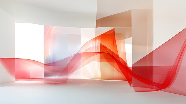 Red fabric flows in modern white room, sunlight streams through windows, architectural design concept