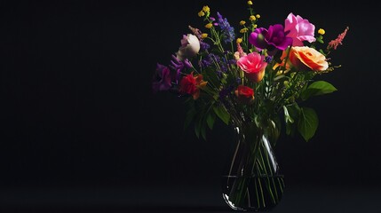 Elegant floral arrangement in a clear vase against a stark black background