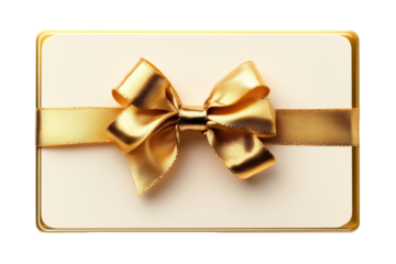 Elegant golden gift card adorned with a shimmering ribbon on a transparent  backdrop evokes feelings of joy and celebration for special occasions