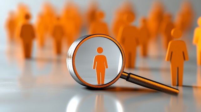 Target Audience Focus: A magnifying glass focuses on a single figure in a sea of blurred figures, symbolizing the importance of finding and understanding your ideal customer.