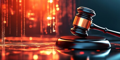 Gavel of Justice: A judge's gavel rests on its block, reflecting the dramatic, fiery background. The image symbolizes justice, law, and legal proceedings.