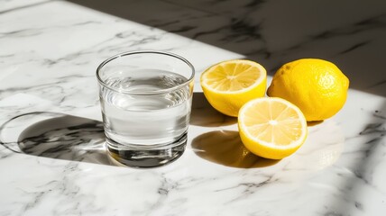 A glass of water beside fresh lemon halves on a marble surface, illuminated by sunlight, creating a refreshing and vibrant aesthetic.