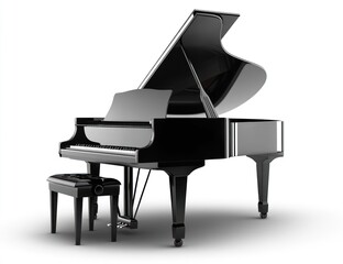 Black grand piano, open lid, white background, music
