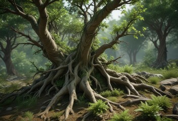 Dense green bush with sharp thorns and twisted roots, defensive roots, thorny vegetation