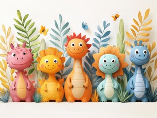 Fototapeta premium Colorful cartoon dinosaurs among vibrant foliage and butterflies.