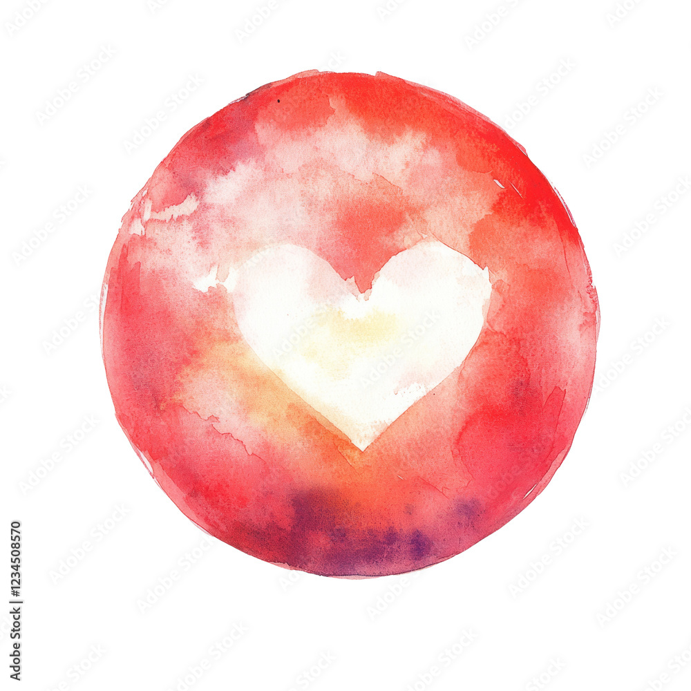 Poster an abstract watercolor painting depicting a white heart subtly nestled within a red circular shape.