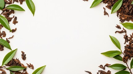 Naklejka premium Green and Black Tea Leaves Frame on White Background