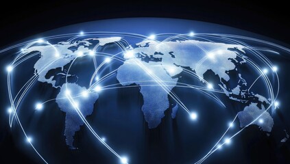 A digital map of the world with global network connections, highlighting international business connectivity and global technology exchange in a corporate setting