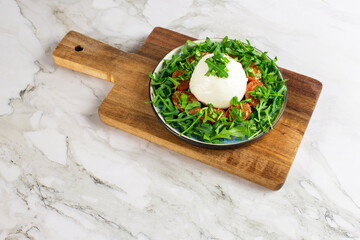 Farmer Italian soft cheese mozzarella served with fresh basil and red cherry tomatoes