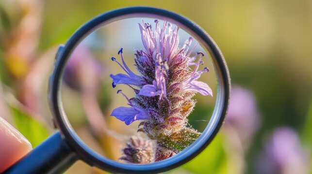 Magnifying glass examining purple flower, field background, botany study