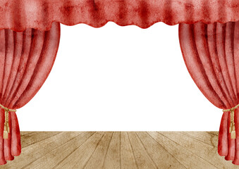 Watercolor illustration of red Curtains and a wooden stage background. Drawing of velvet drapes for Circus or Theater invitations. Art for performance cards design. Backdrop for party.
