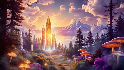 Ethereal Mythical Realm at Sunset - Visionary Art Landscape
