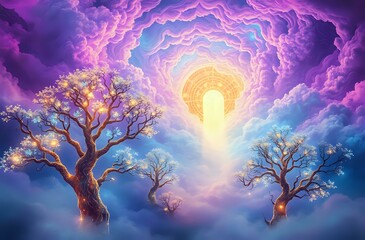 Ethereal Gateway - Mystical Trees and Celestial Clouds