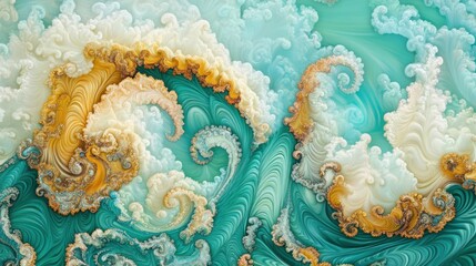 Fototapeta premium Abstract swirling teal and gold fractal art, digital ocean waves background, design texture