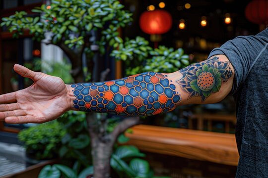 an abstract dotwork tattoo on an arm creating a unique and captivating pattern