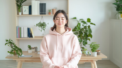 Woman meditating at her desk, promoting wellness and clarity