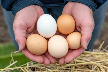 A pair of hands holds five different eggs, showcasing various colors and sizes, set against a natural, straw-filled background.