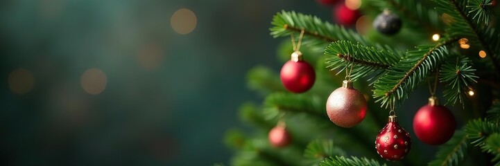 Obraz premium Branch of a small Christmas tree decorated with ceramic ornaments, holiday season, festive decorations