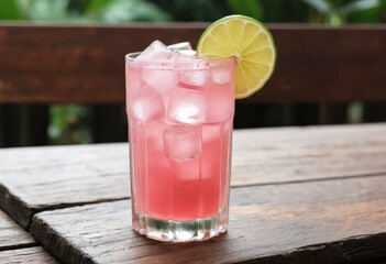 Refreshing Pink Summer Cocktail with Lime Garnish on Rustic Wooden Table
