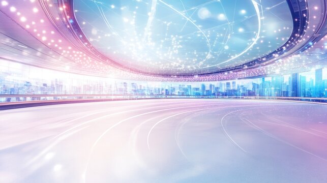 Futuristic city expo hall, speed, lights, network, display