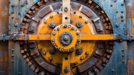Fototapeta premium Rusty industrial gear, factory close-up, weathered metal, background blur, mechanical texture