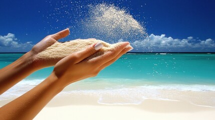 Woman's hands releasing white sand against a tropical beach background.