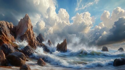 Fototapeta premium Dramatic Waves Crashing Against Jagged Rocks in Photorealistic Artistry