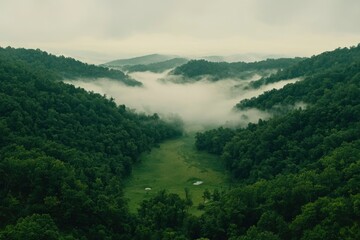 Misty Mountains Enveloping Lush Green Valley