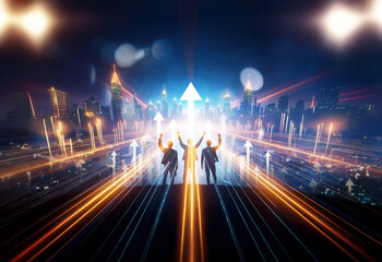 Three silhouetted figures celebrate success amidst a vibrant cityscape at night, illuminated by bright streaks of light and upward-pointing arrows symbolizing growth and achievement.