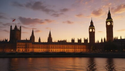 Fototapeta premium Elegant architecture of the Houses of Parliament at sunset, political institution, british parliament, ornate details