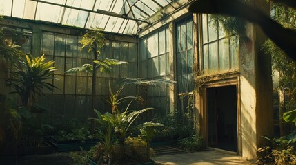 Sunlit overgrown greenhouse interior, plants, decay, botanical garden, abandoned